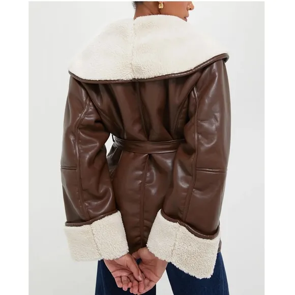 WEWOREWHAT Brown and Ivory Vegan Leather Bonded Faux Fur Jacket