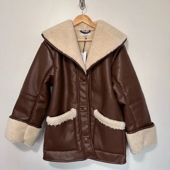 WEWOREWHAT Brown and Ivory Vegan Leather Bonded Faux Fur Jacket