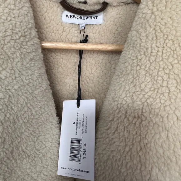 WEWOREWHAT Brown and Ivory Vegan Leather Bonded Faux Fur Jacket