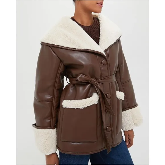 WEWOREWHAT Brown and Ivory Vegan Leather Bonded Faux Fur Jacket