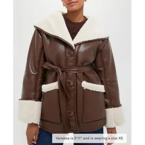 WEWOREWHAT Brown and Ivory Vegan Leather Bonded Faux Fur Jacket