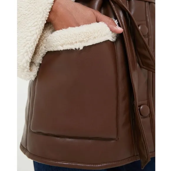 WEWOREWHAT Brown and Ivory Vegan Leather Bonded Faux Fur Jacket