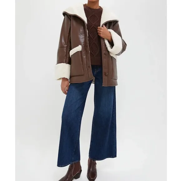 WEWOREWHAT Brown and Ivory Vegan Leather Bonded Faux Fur Jacket