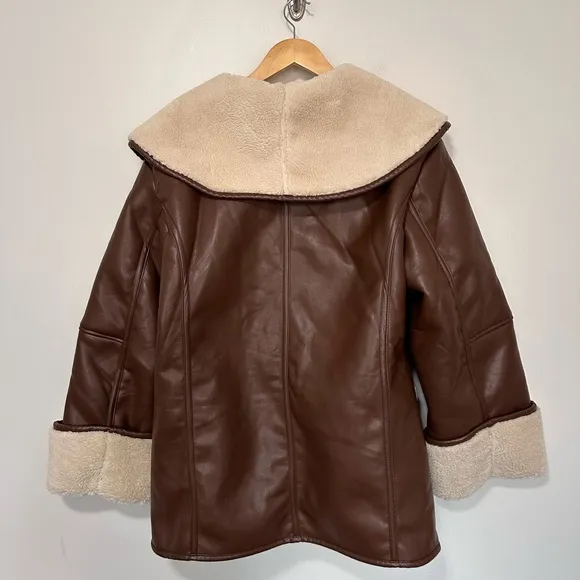 WEWOREWHAT Brown and Ivory Vegan Leather Bonded Faux Fur Jacket