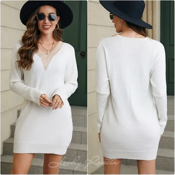 White V-Neck Sweater Dress