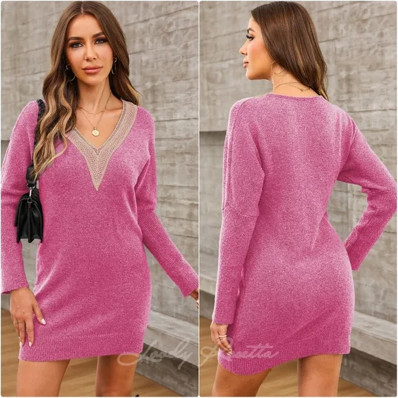 White V-Neck Sweater Dress