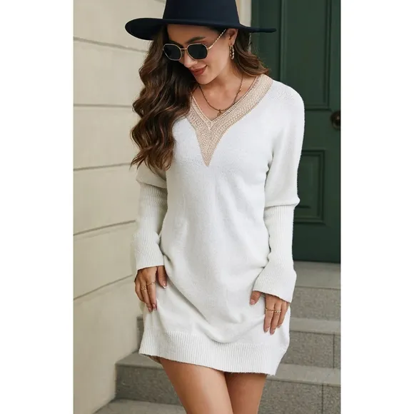 White V-Neck Sweater Dress