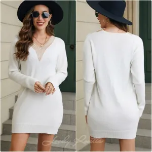 White V-Neck Sweater Dress