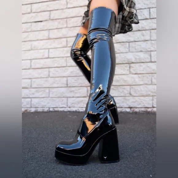 Windsor Smith Haunted Latex Faux Patent Leather Over The Knee Platform Boots 7