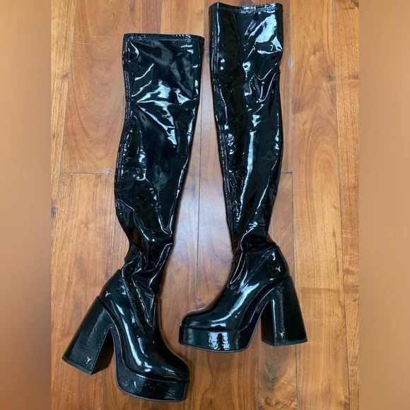 Windsor Smith Haunted Latex Faux Patent Leather Over The Knee Platform Boots 7