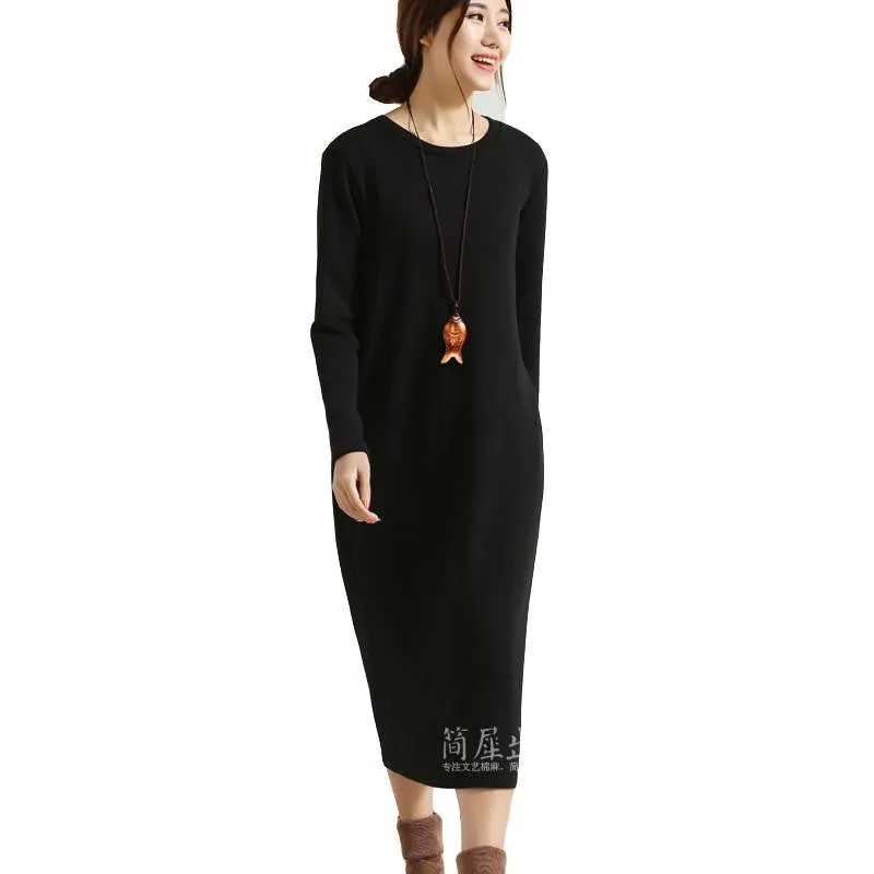 Winter Dress Women Dress Plus Size Velvet Thickening Thermal Basic Dress Long Sleeve Solid Warm Dress S59