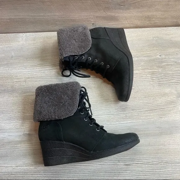 Woman’s Zea UGG suede waterproof lace up wedge ankle boots Fold wool shearling