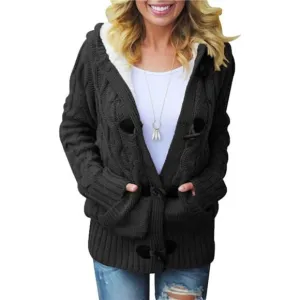 Women Hooded Knit Cardigans Button Cable Sweater Coat