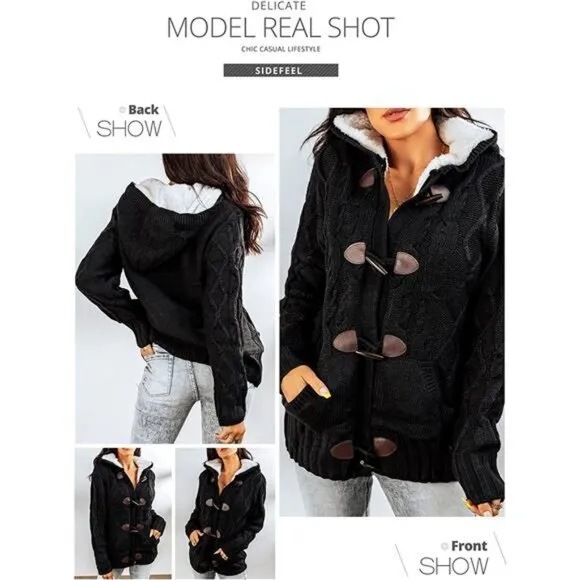 Women Hooded Knit Cardigans Button Cable Sweater Coat