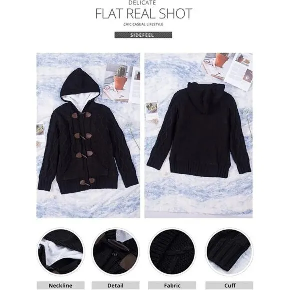 Women Hooded Knit Cardigans Button Cable Sweater Coat