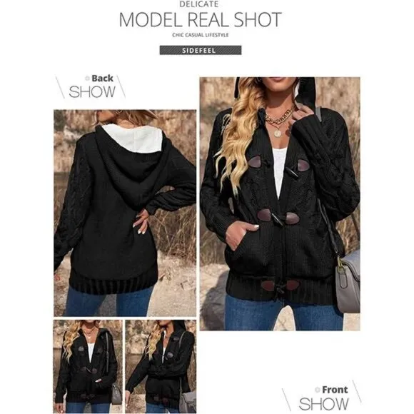 Women Hooded Knit Cardigans Button Cable Sweater Coat