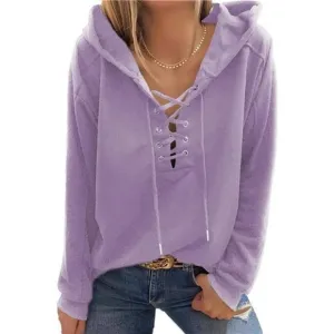 WOMEN Lace Up V Neck Drawstring Hoodies Sweatshirt, Purple