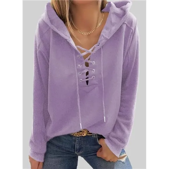 WOMEN Lace Up V Neck Drawstring Hoodies Sweatshirt, Purple