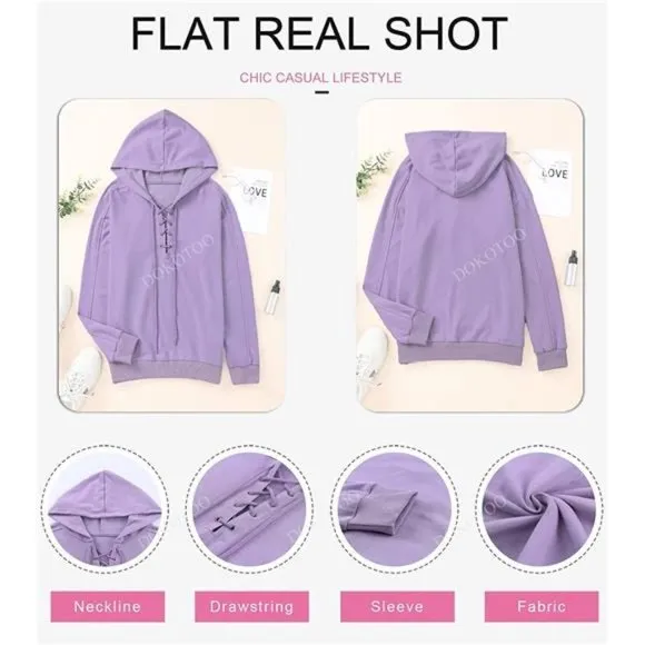 WOMEN Lace Up V Neck Drawstring Hoodies Sweatshirt, Purple
