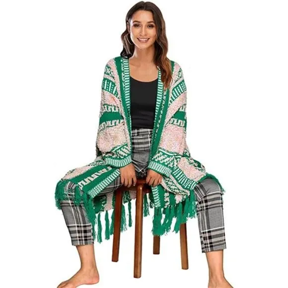 Women Long Sleeve Open Front Cardigan Fall Boho Tassel Cardigan Sweaters