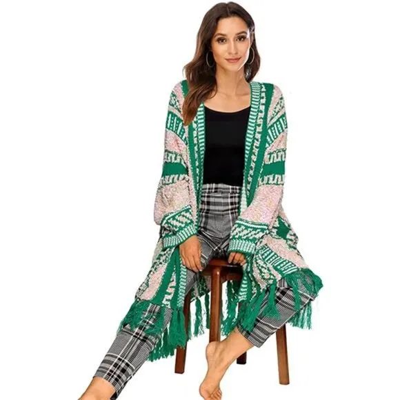 Women Long Sleeve Open Front Cardigan Fall Boho Tassel Cardigan Sweaters