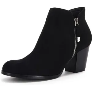 Women's Ankle Boots Round Toe Mid Block Heel Side Zipper Booties, Black