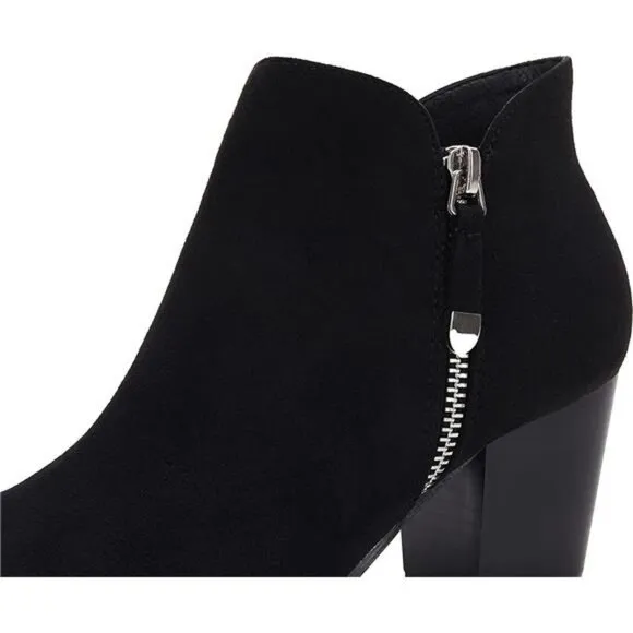 Women's Ankle Boots Round Toe Mid Block Heel Side Zipper Booties, Black