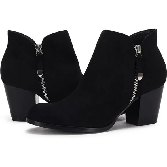 Women's Ankle Boots Round Toe Mid Block Heel Side Zipper Booties, Black
