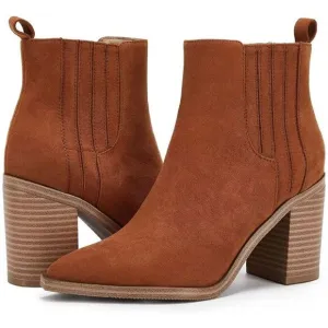 Womens Ankle Boots Slip on Pointed Toe Chunky Block Mid Heel Leather Elastic Pan