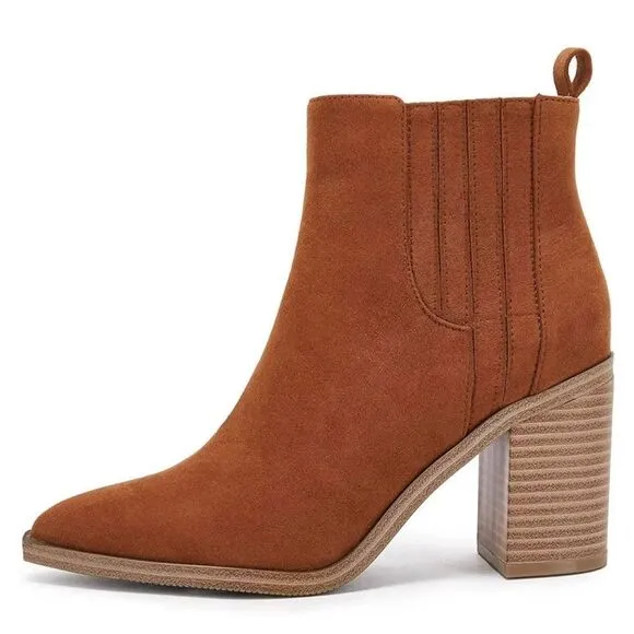 Womens Ankle Boots Slip on Pointed Toe Chunky Block Mid Heel Leather Elastic Pan