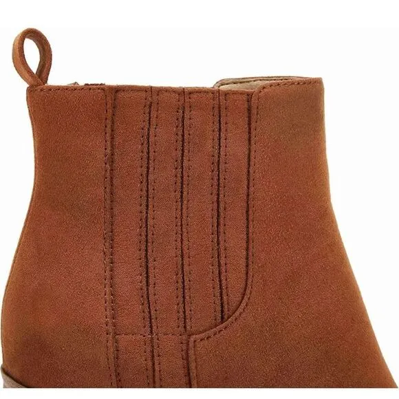 Womens Ankle Boots Slip on Pointed Toe Chunky Block Mid Heel Leather Elastic Pan