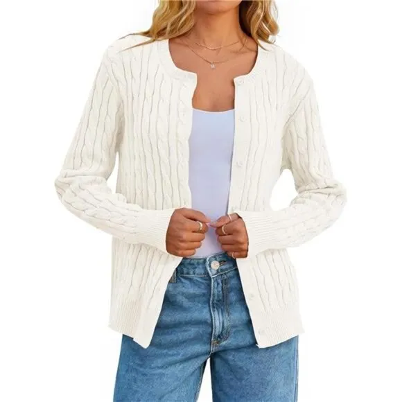 Women's Cable Knit Open Front Cardigan Sweaters Fall Long Sleeve Button