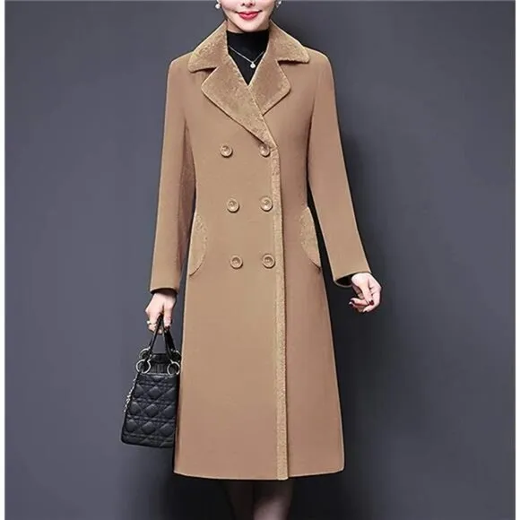 Women's Double-breasted Notched Lapel Midi Wool Blend Pea Coat Jacket, Camel