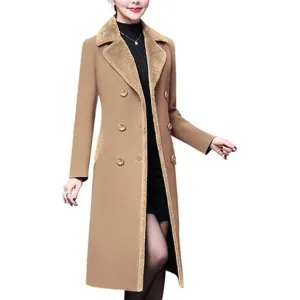 Women's Double-breasted Notched Lapel Midi Wool Blend Pea Coat Jacket, Camel