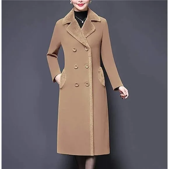 Women's Double-breasted Notched Lapel Midi Wool Blend Pea Coat Jacket, Camel