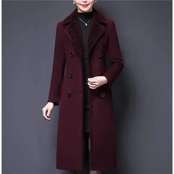 Women's Double-breasted Notched Lapel Midi Wool Blend Pea Coat Jackets