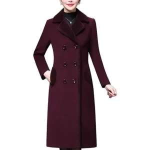 Women's Double-breasted Notched Lapel Midi Wool Blend Pea Coat Jackets