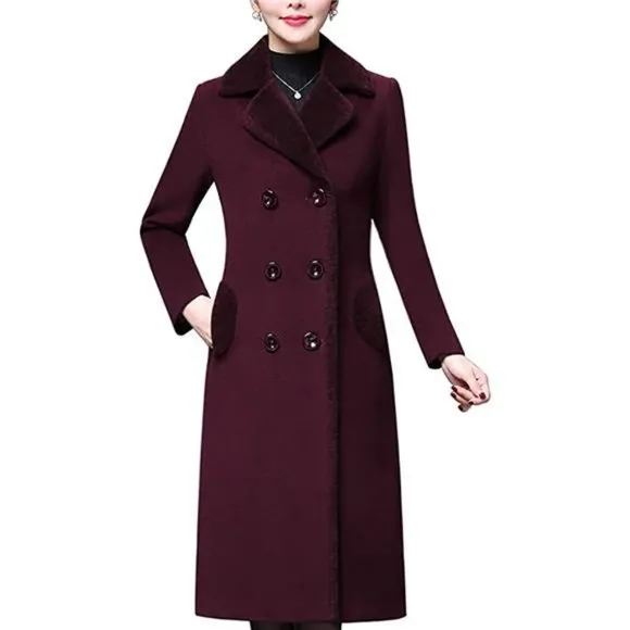 Women's Double-breasted Notched Lapel Midi Wool Blend Pea Coat Jackets