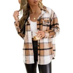 Womens Flannel Shacket Jacket Casual Plaid Wool Blend Multicolor