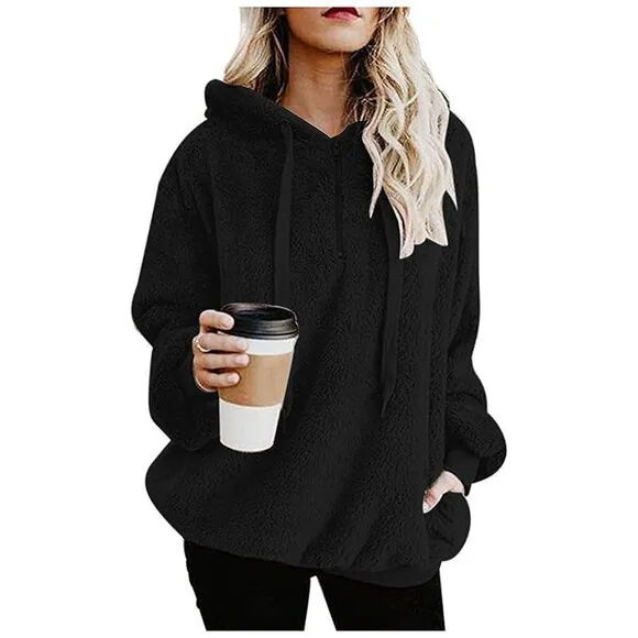 Women's Fuzzy Hoodies Sport Pullover Black