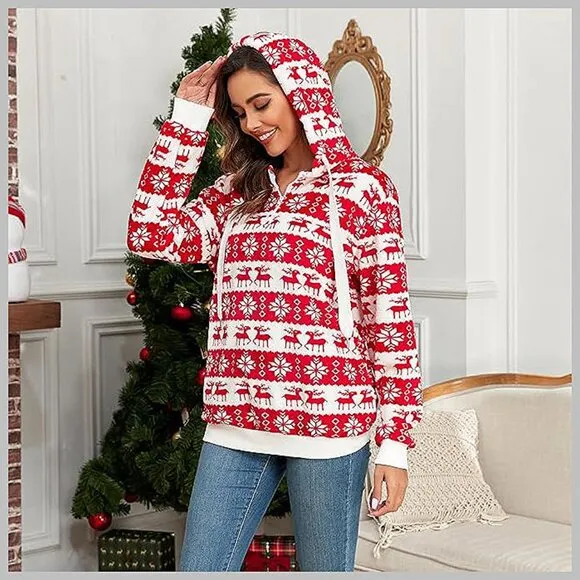 Women's Fuzzy Hoodies Sport Pullover Hoodie Christmas Deer