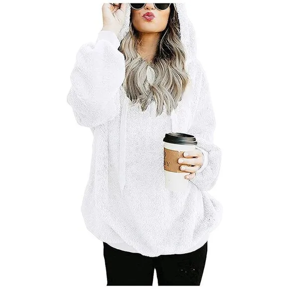 Women's Fuzzy Hoodies Sport Pullover Hoodie White