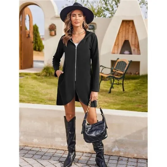 Women's Lightweight Zip-Up Hoodie-Oversized Tunic Sweatshirt Cardigan w/‎ Pocket