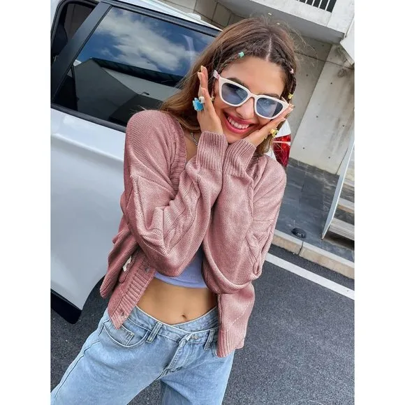 Womens Long Sleeve Open Front Flower Knit Cardigan Aesthetic Shrug Outfits