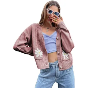 Womens Long Sleeve Open Front Flower Knit Cardigan Aesthetic Shrug Outfits
