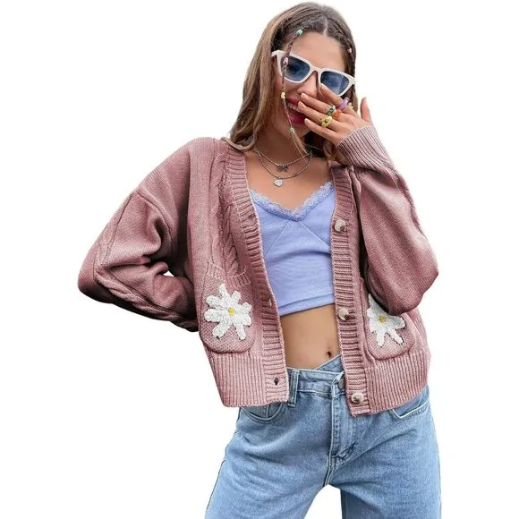 Womens Long Sleeve Open Front Flower Knit Cardigan Aesthetic Shrug Outfits