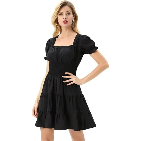 Women's Smocked Waist Dress Square Neck, Black