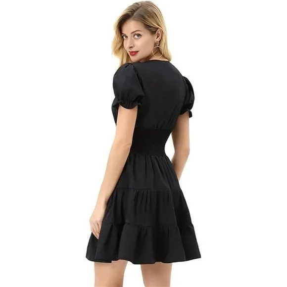 Women's Smocked Waist Dress Square Neck, Black