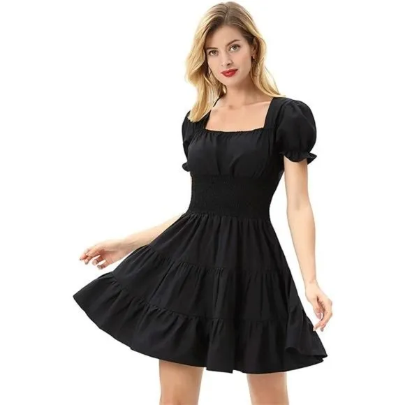 Women's Smocked Waist Dress Square Neck, Black
