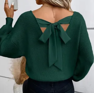 Women's Solid Color Sweater With Back Bow Design